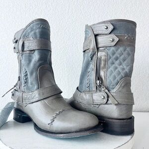 Lane Boots Womens Gray Leather Canvas Mid-Calf Western Moto Style Zip Size 8.5